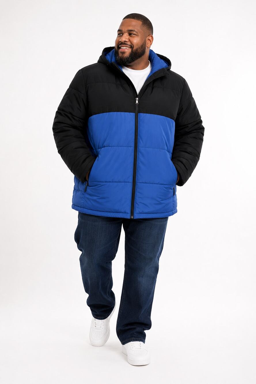 The Foundry Supply Co Men's 4XL Blue Black Hooded Puffer Jacket Full Zip NWOT